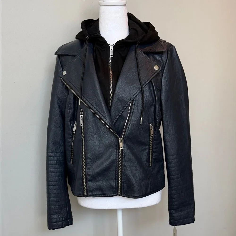 Bernardo Navy Blue & Black Faux Leather Moto Jacket with removable Hood Insert